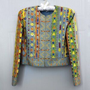 Vintage Carlisle Silk Jacket Cropped Multicolor Geometric Jewel Print Sz 12